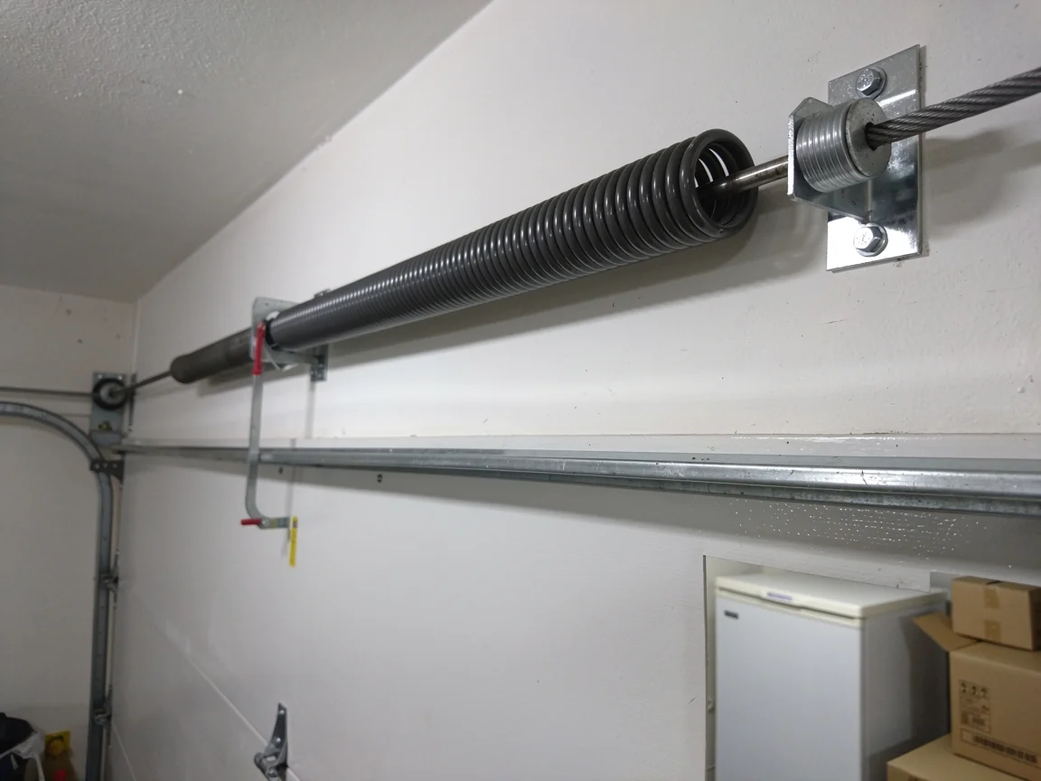 A garage door torsion spring is mounted above the garage door opening.