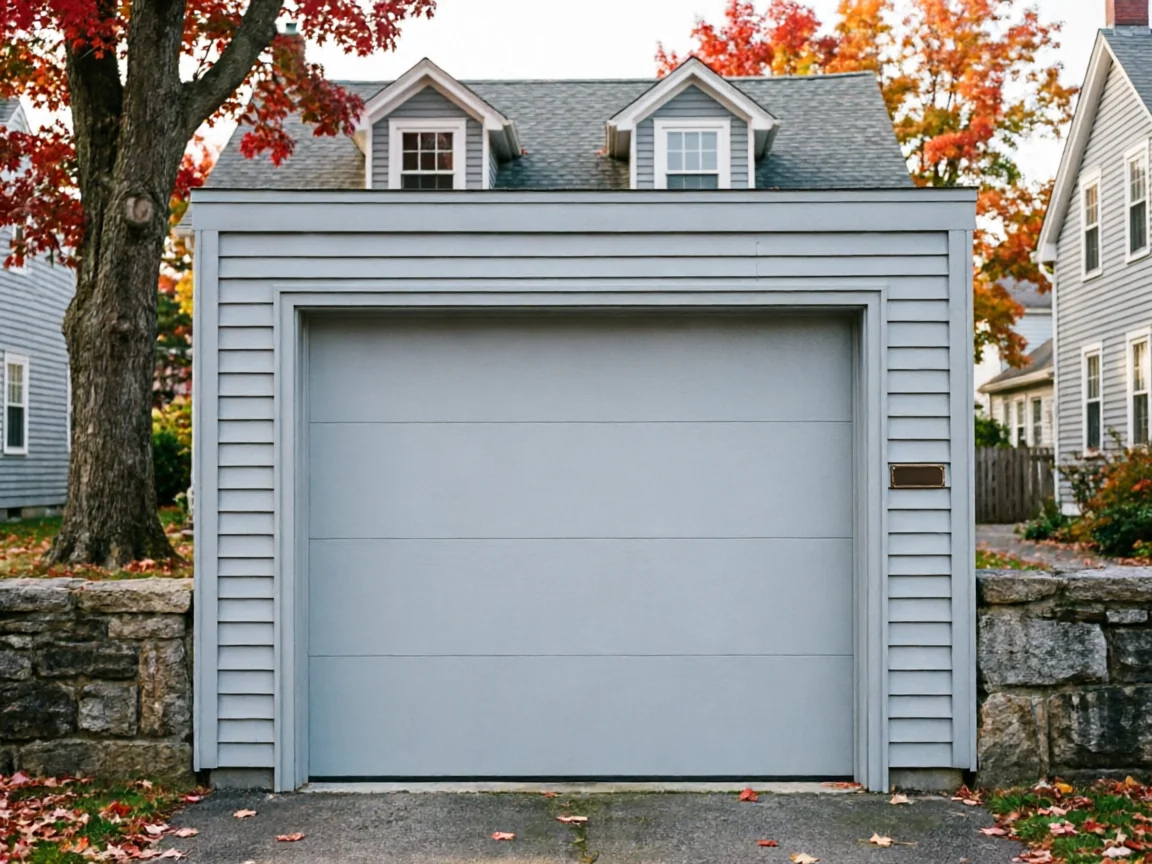 A light gray garage door is on a gray garage with two dormer windows.