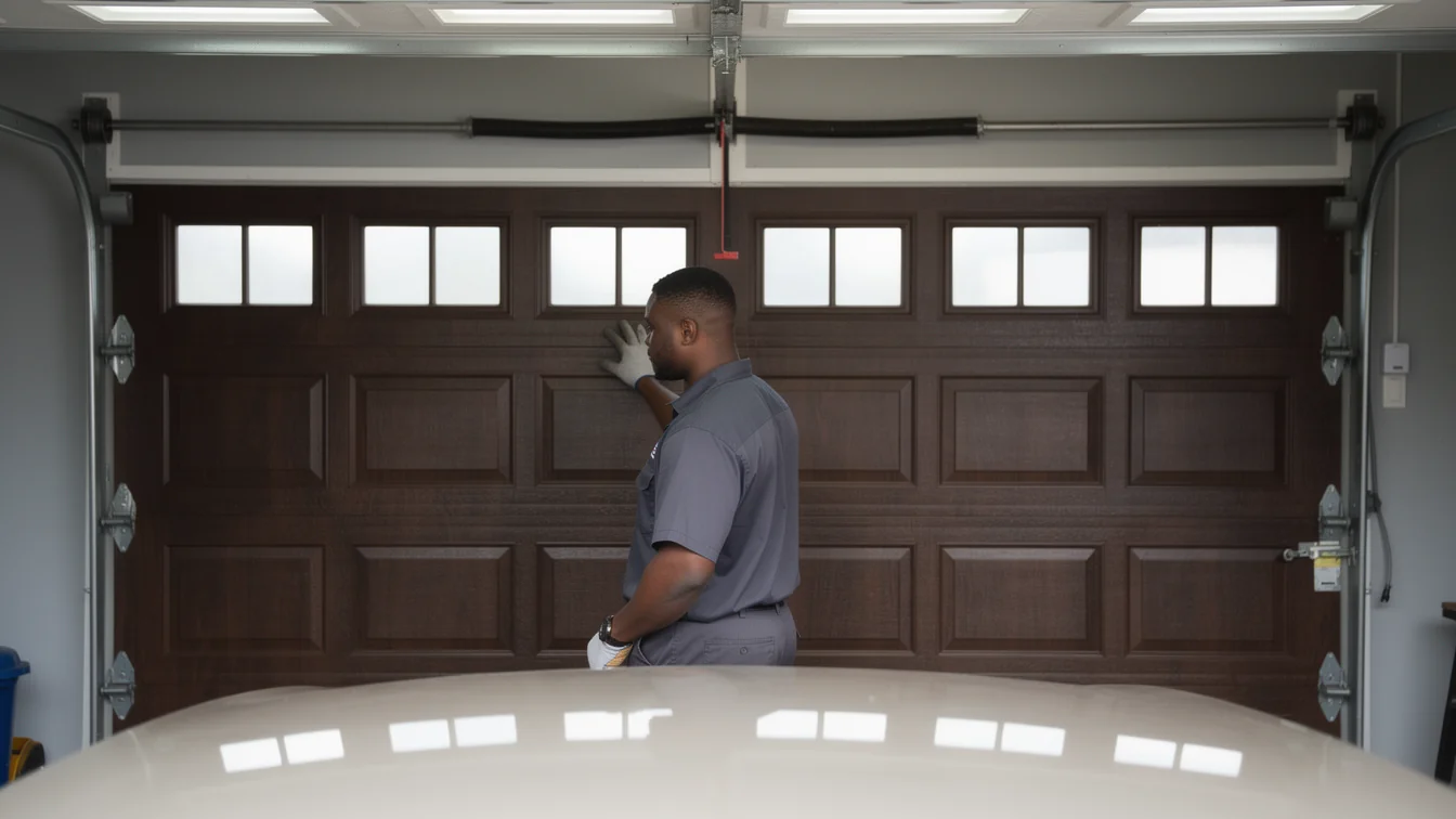 A technician in a gray uniform touches a brown garage door with windows.