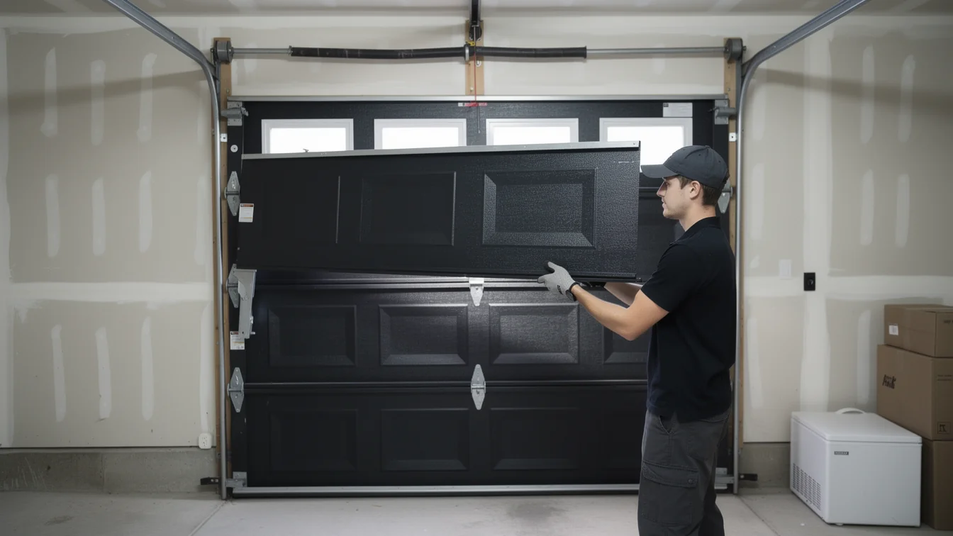 A technician installs a black garage door panel with windows.