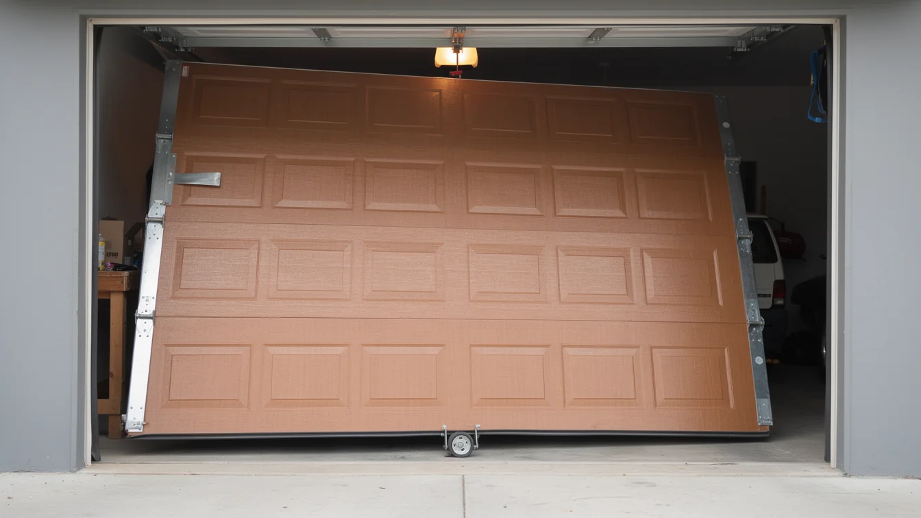 The brown garage door is off its tracks and leaning inside the garage.